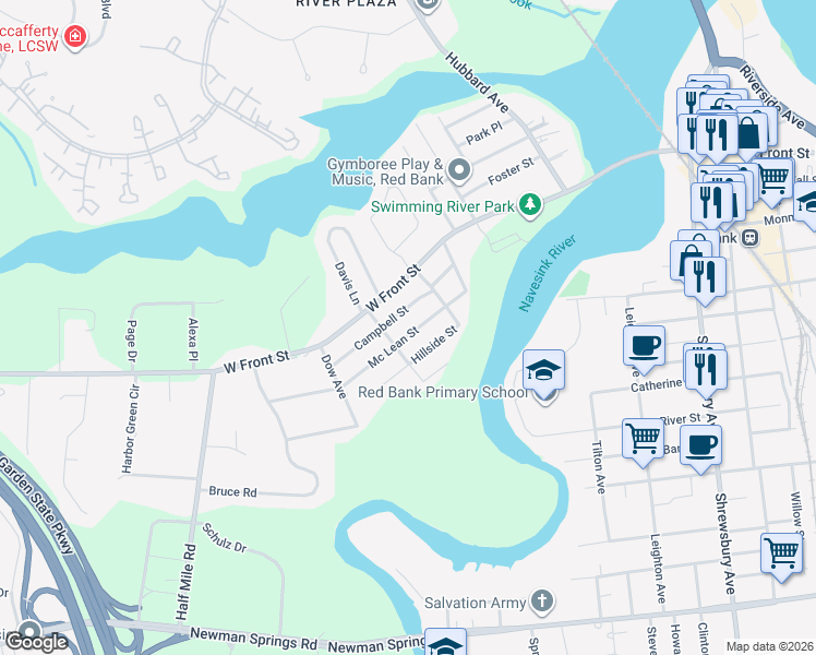 map of restaurants, bars, coffee shops, grocery stores, and more near 53 Mc Lean Street in Red Bank