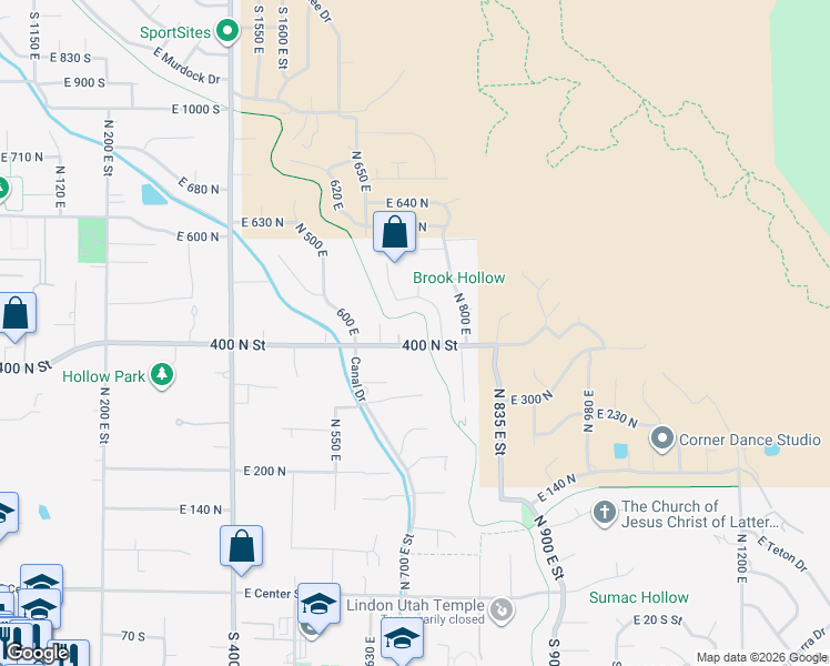map of restaurants, bars, coffee shops, grocery stores, and more near 711 East 400 North Street in Lindon