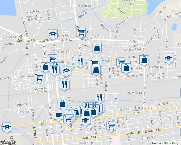 map of restaurants, bars, coffee shops, grocery stores, and more near 530 Lehman Street in Lebanon