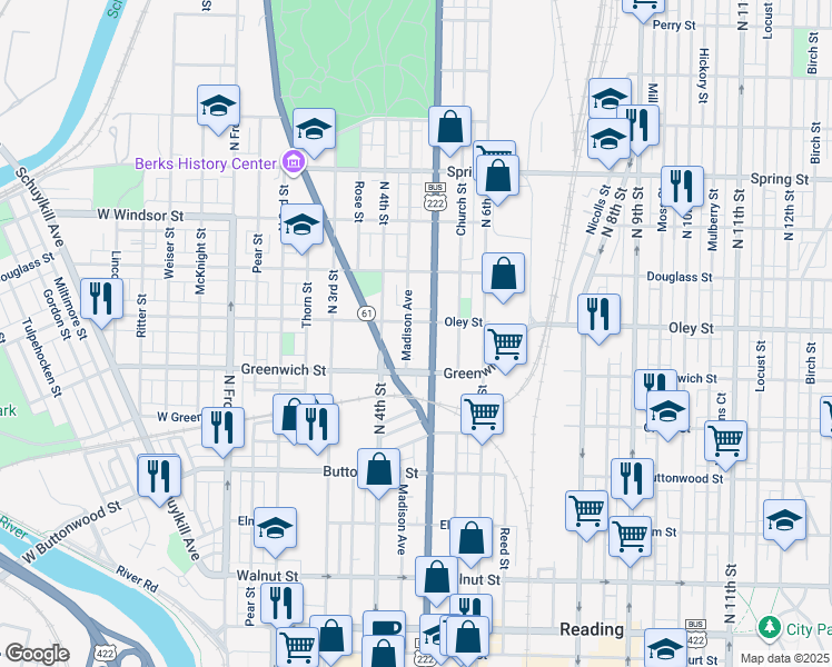 map of restaurants, bars, coffee shops, grocery stores, and more near 440 Oley Street in Reading