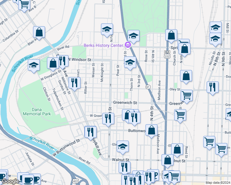 map of restaurants, bars, coffee shops, grocery stores, and more near 650 Pear Street in Reading