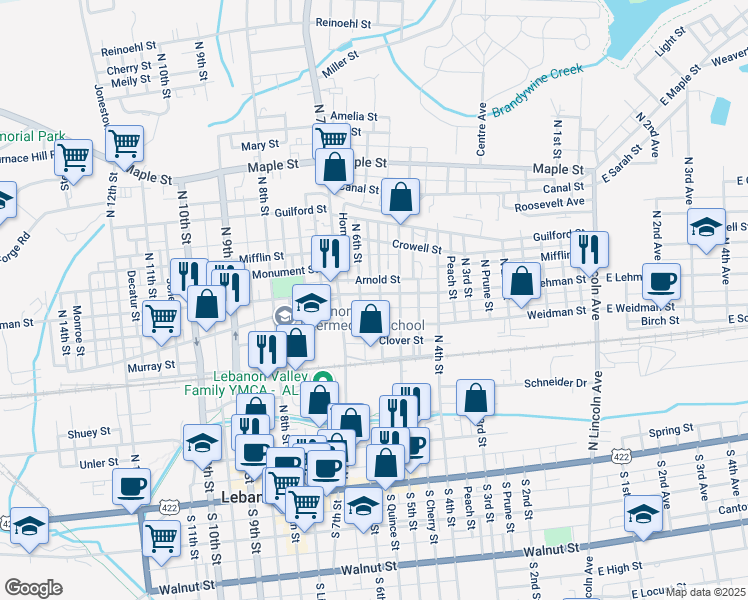 map of restaurants, bars, coffee shops, grocery stores, and more near 530 Lehman Street in Lebanon
