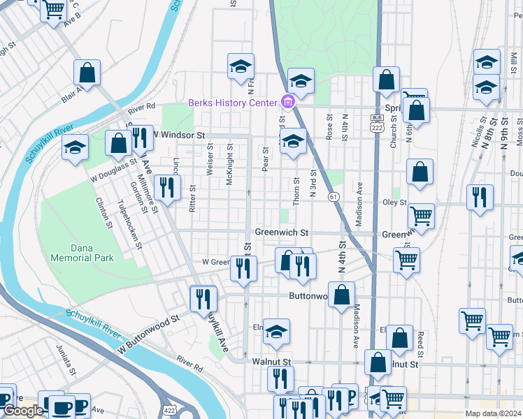 map of restaurants, bars, coffee shops, grocery stores, and more near 650 Pear Street in Reading