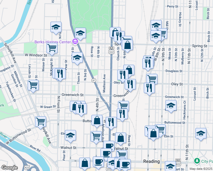 map of restaurants, bars, coffee shops, grocery stores, and more near 440 Oley Street in Reading