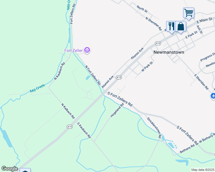 map of restaurants, bars, coffee shops, grocery stores, and more near 341 West Main Street in Newmanstown