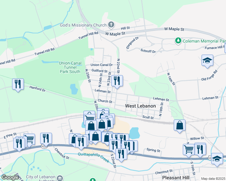 map of restaurants, bars, coffee shops, grocery stores, and more near 2215 Lehman Street in Lebanon