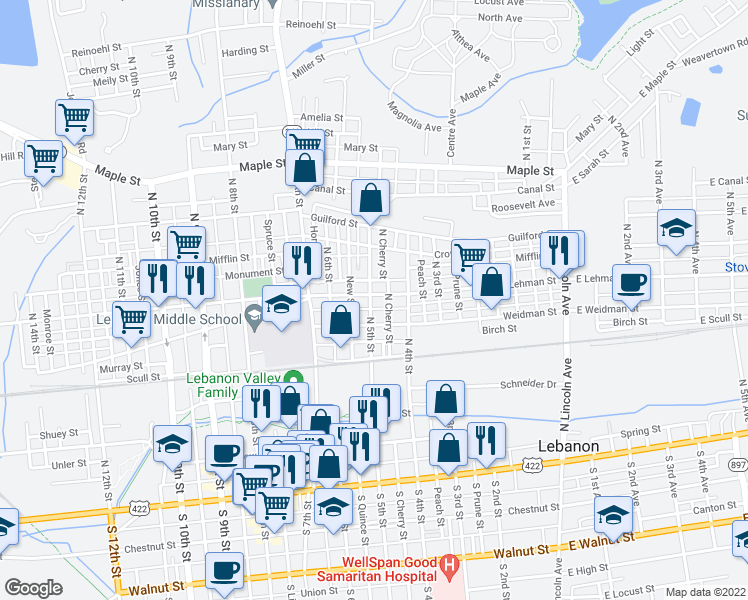 map of restaurants, bars, coffee shops, grocery stores, and more near 442 Lehman Street in Lebanon