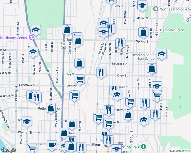 map of restaurants, bars, coffee shops, grocery stores, and more near 642 North 8th Street in Reading