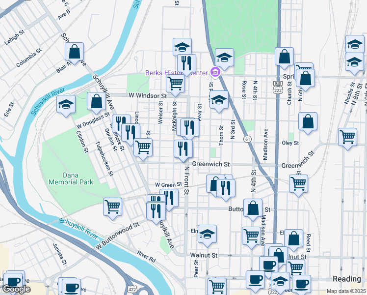 map of restaurants, bars, coffee shops, grocery stores, and more near 634 North Front Street in Reading