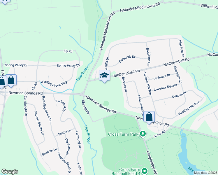 map of restaurants, bars, coffee shops, grocery stores, and more near 67 McCampbell Road in Holmdel