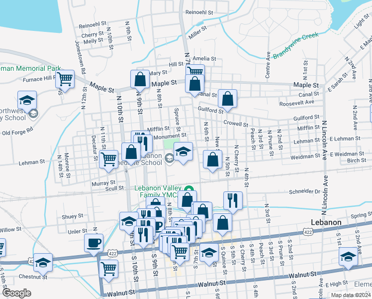 map of restaurants, bars, coffee shops, grocery stores, and more near 720 Lehman Street in Lebanon