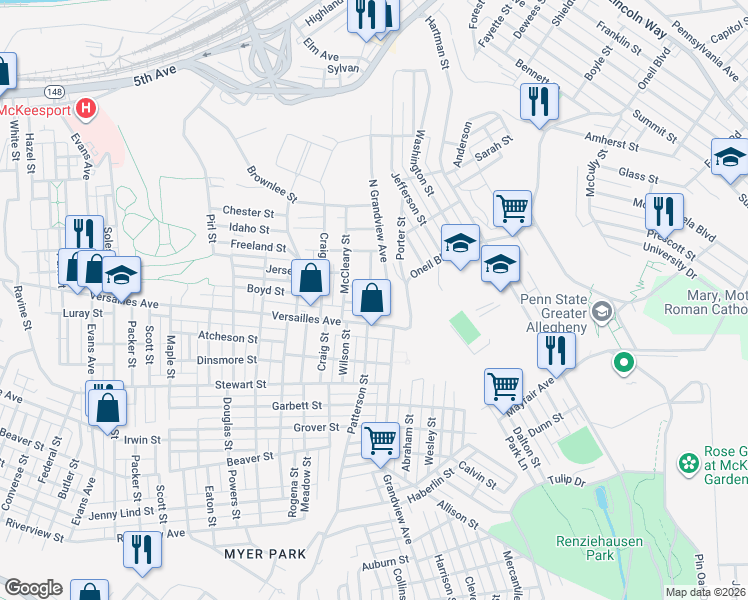 map of restaurants, bars, coffee shops, grocery stores, and more near 3318 Oakland Street in McKeesport