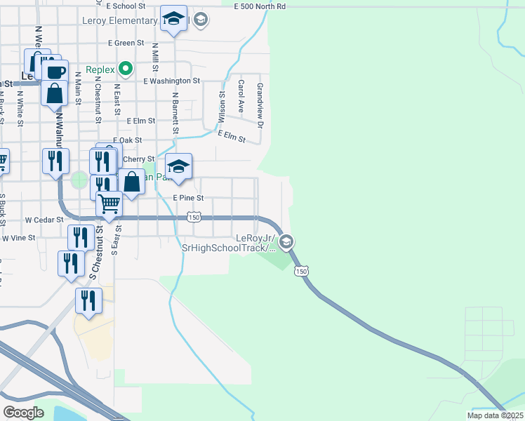 map of restaurants, bars, coffee shops, grocery stores, and more near 210 Park Avenue in Le Roy