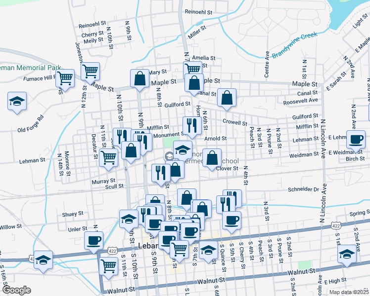 map of restaurants, bars, coffee shops, grocery stores, and more near 722 Lehman Street in Lebanon