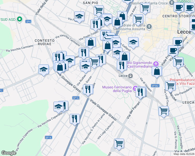 map of restaurants, bars, coffee shops, grocery stores, and more near 32 Via Lequile in Lecce