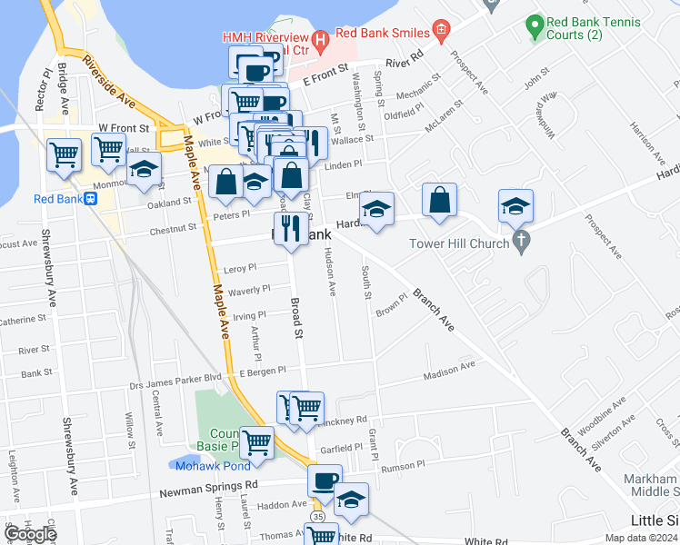 map of restaurants, bars, coffee shops, grocery stores, and more near 115 Hudson Avenue in Red Bank