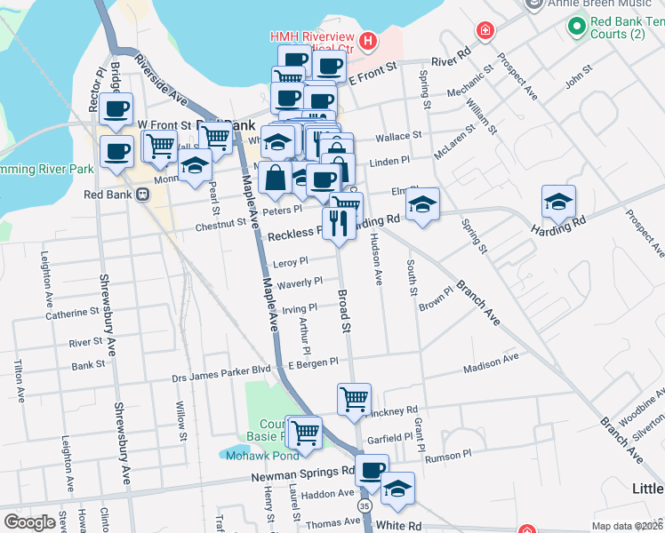 map of restaurants, bars, coffee shops, grocery stores, and more near 20 Waverly Place in Red Bank