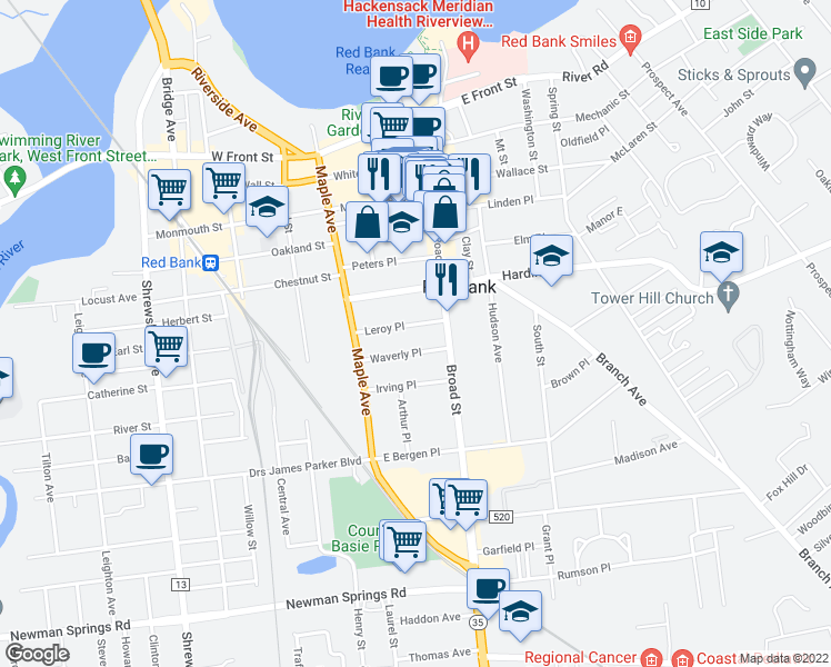 map of restaurants, bars, coffee shops, grocery stores, and more near 20 Waverly Place in Red Bank
