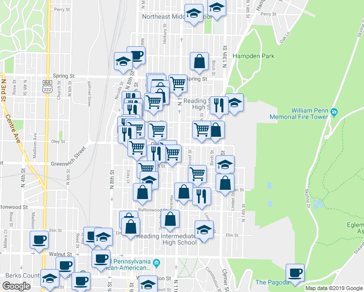 map of restaurants, bars, coffee shops, grocery stores, and more near 1126 Oley Street in Reading