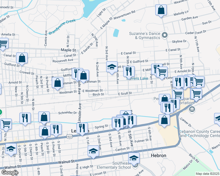 map of restaurants, bars, coffee shops, grocery stores, and more near 301 East Weidman Street in Lebanon