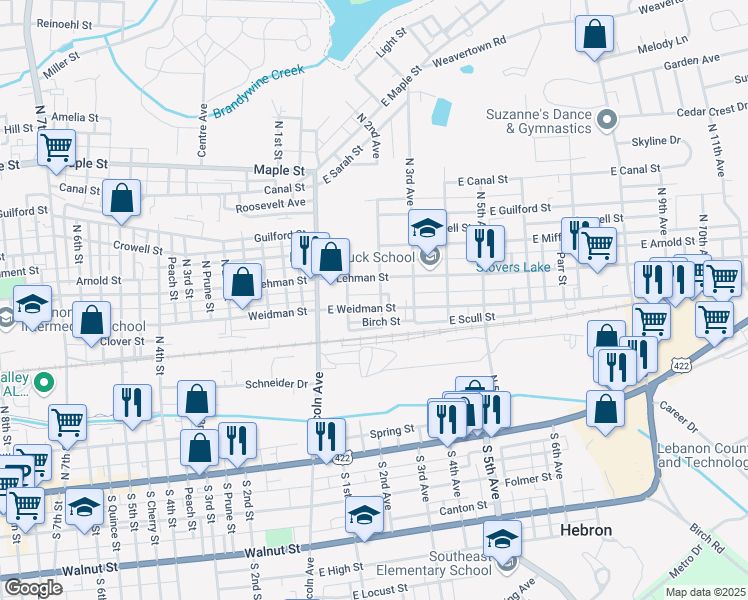 map of restaurants, bars, coffee shops, grocery stores, and more near 203 East Weidman Street in Lebanon