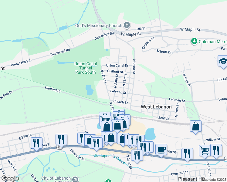 map of restaurants, bars, coffee shops, grocery stores, and more near 2316 Lehman Street in Lebanon
