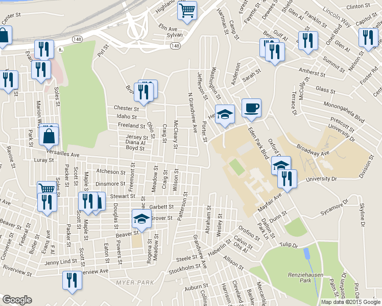 map of restaurants, bars, coffee shops, grocery stores, and more near 3318 Oakland Street in McKeesport