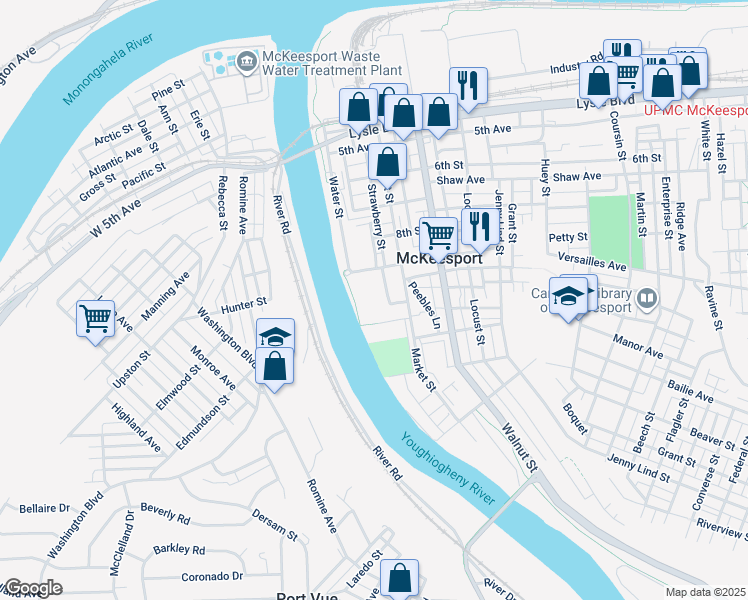 map of restaurants, bars, coffee shops, grocery stores, and more near 100 9th Street in McKeesport
