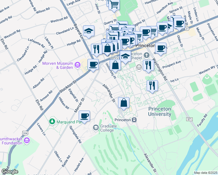map of restaurants, bars, coffee shops, grocery stores, and more near 44 Alexander Street in Princeton