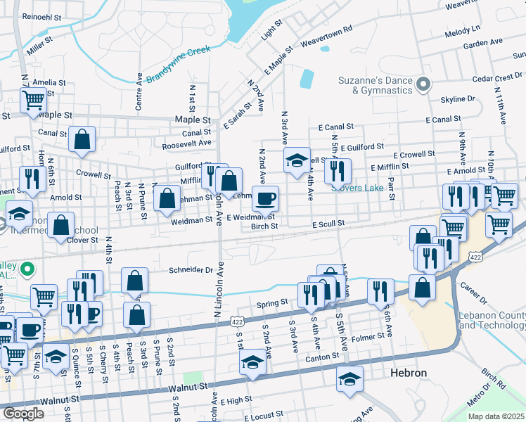 map of restaurants, bars, coffee shops, grocery stores, and more near 343 North 2nd Avenue in Lebanon