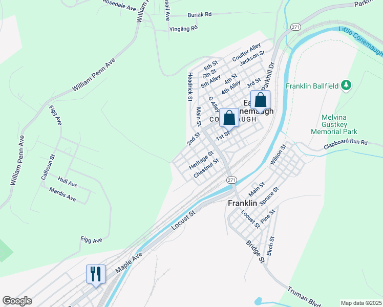 map of restaurants, bars, coffee shops, grocery stores, and more near 50-98 Mellon St in Johnstown