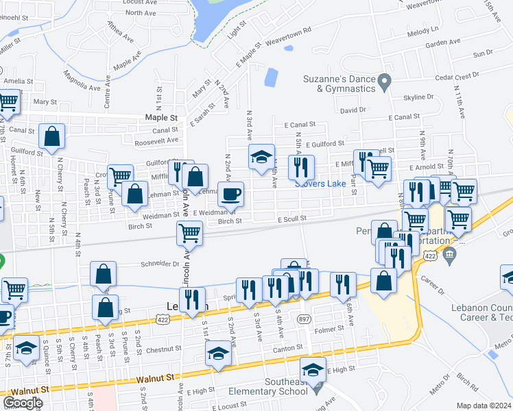 map of restaurants, bars, coffee shops, grocery stores, and more near 301 East Weidman Street in Lebanon
