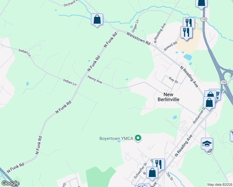 map of restaurants, bars, coffee shops, grocery stores, and more near 254 Henry Avenue in Boyertown