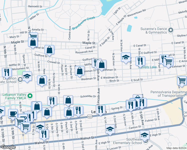 map of restaurants, bars, coffee shops, grocery stores, and more near 357 North Hanover Street in Lebanon