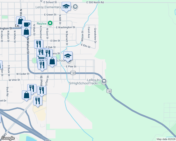map of restaurants, bars, coffee shops, grocery stores, and more near 902 East Cedar Street in Le Roy