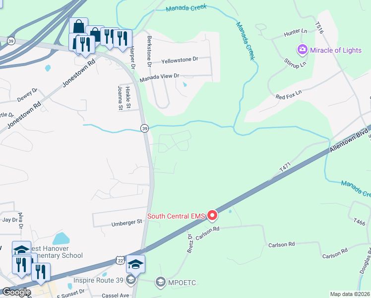 map of restaurants, bars, coffee shops, grocery stores, and more near 8152 Lenker Drive in Harrisburg