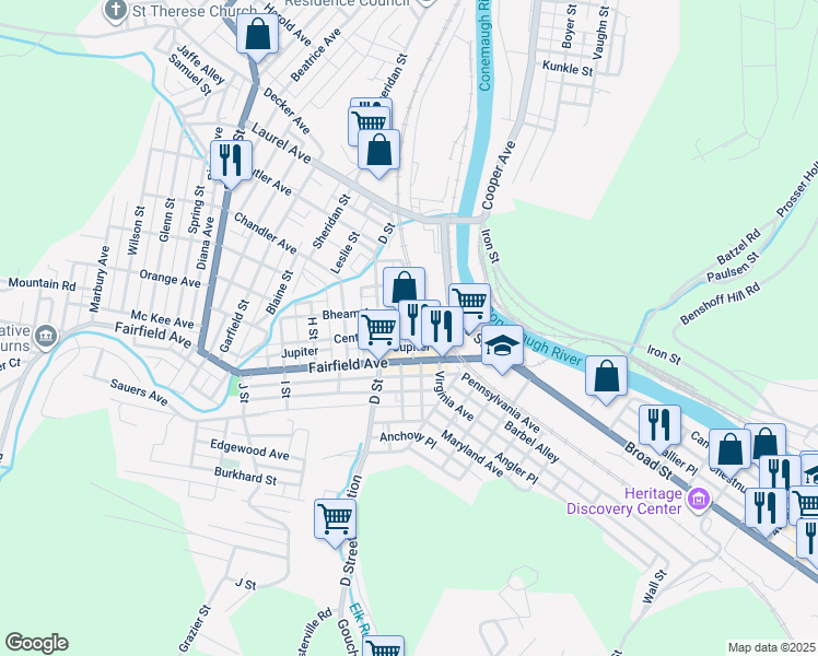 map of restaurants, bars, coffee shops, grocery stores, and more near 126 C Street in Johnstown
