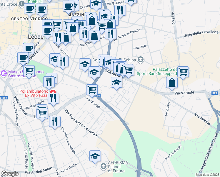 map of restaurants, bars, coffee shops, grocery stores, and more near Via Federico Zeri in Lecce