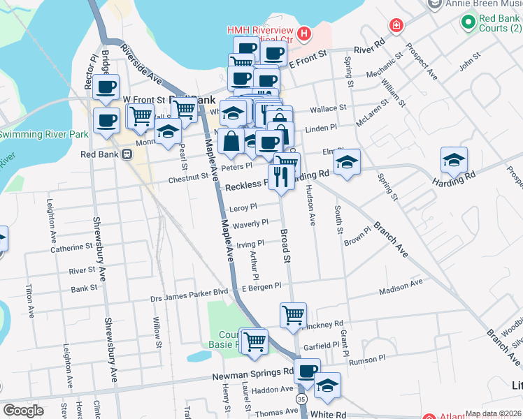 map of restaurants, bars, coffee shops, grocery stores, and more near 21 Leroy Place in Red Bank