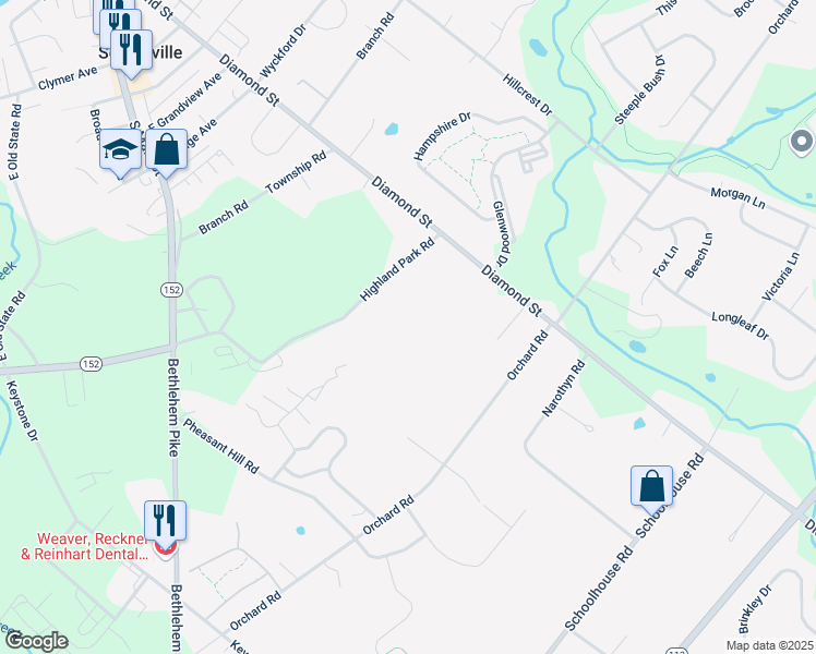 map of restaurants, bars, coffee shops, grocery stores, and more near 106 Highland Park Road in Sellersville