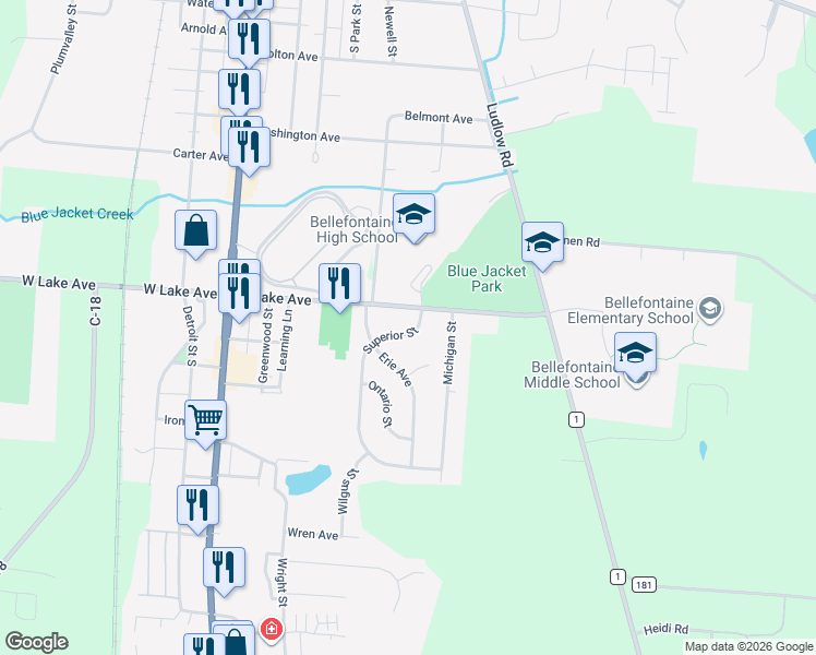 map of restaurants, bars, coffee shops, grocery stores, and more near 424 Superior Street in Bellefontaine