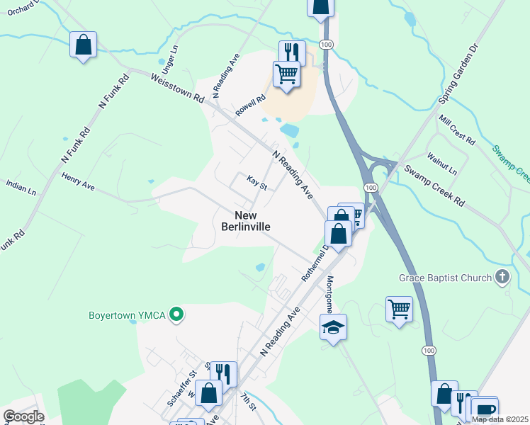 map of restaurants, bars, coffee shops, grocery stores, and more near 59 Hughes Avenue in Boyertown