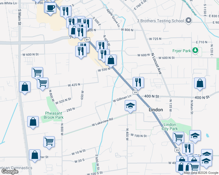 map of restaurants, bars, coffee shops, grocery stores, and more near 461 West 490 North in Lindon