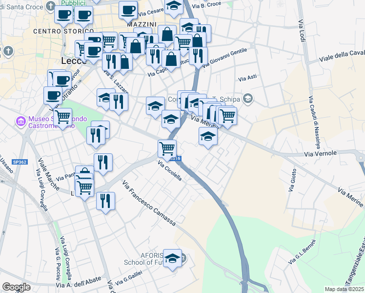 map of restaurants, bars, coffee shops, grocery stores, and more near 39 Via Edoardo de Candia in Lecce