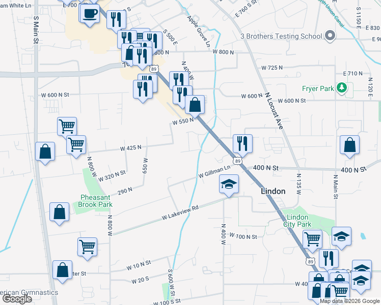 map of restaurants, bars, coffee shops, grocery stores, and more near 465 West 490 North in Lindon