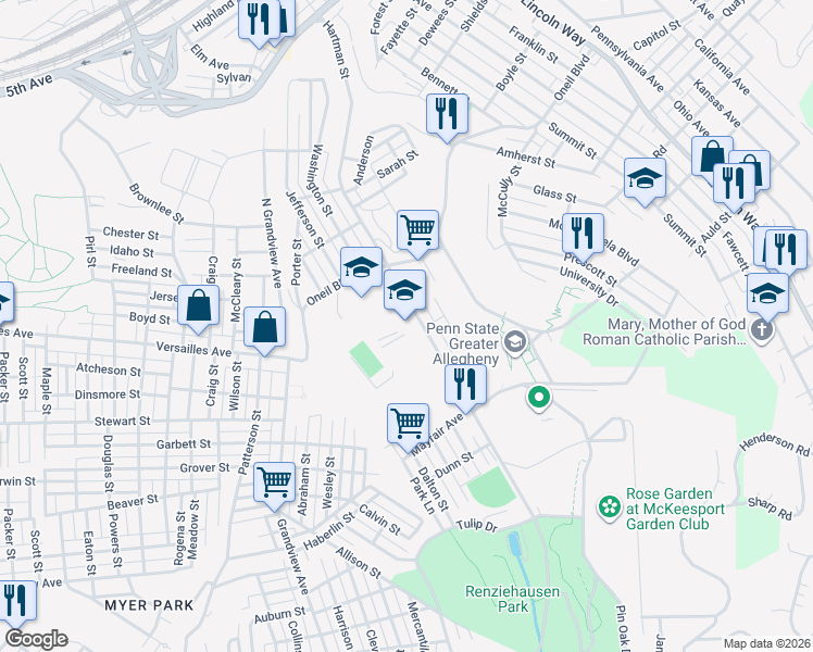 map of restaurants, bars, coffee shops, grocery stores, and more near 1960 Eden Park Boulevard in McKeesport