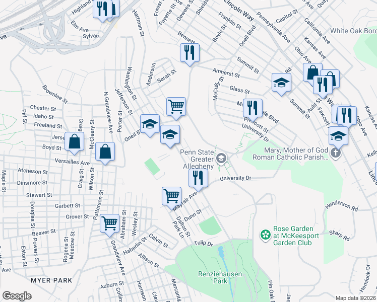 map of restaurants, bars, coffee shops, grocery stores, and more near 208 Oxford Drive in McKeesport