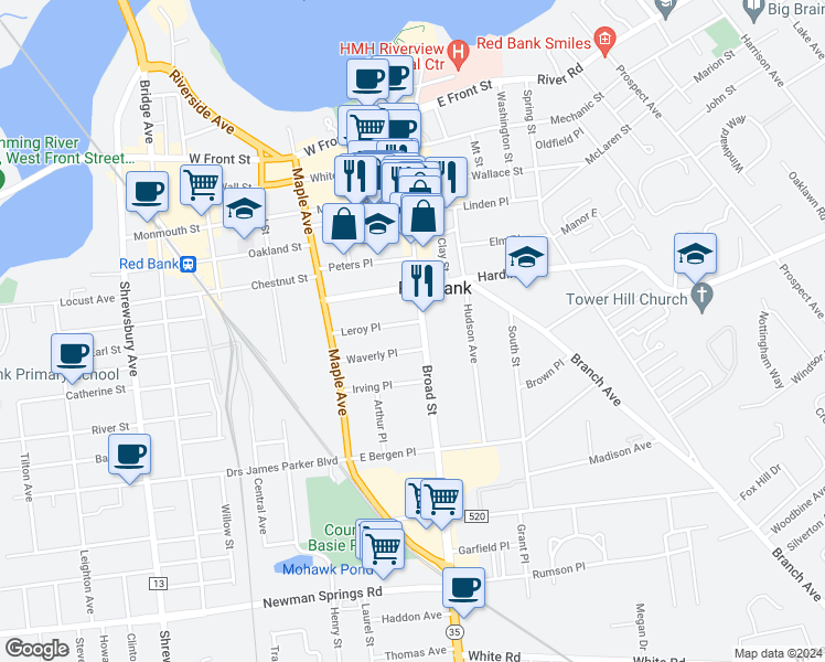 map of restaurants, bars, coffee shops, grocery stores, and more near 20 Waverly Place in Red Bank