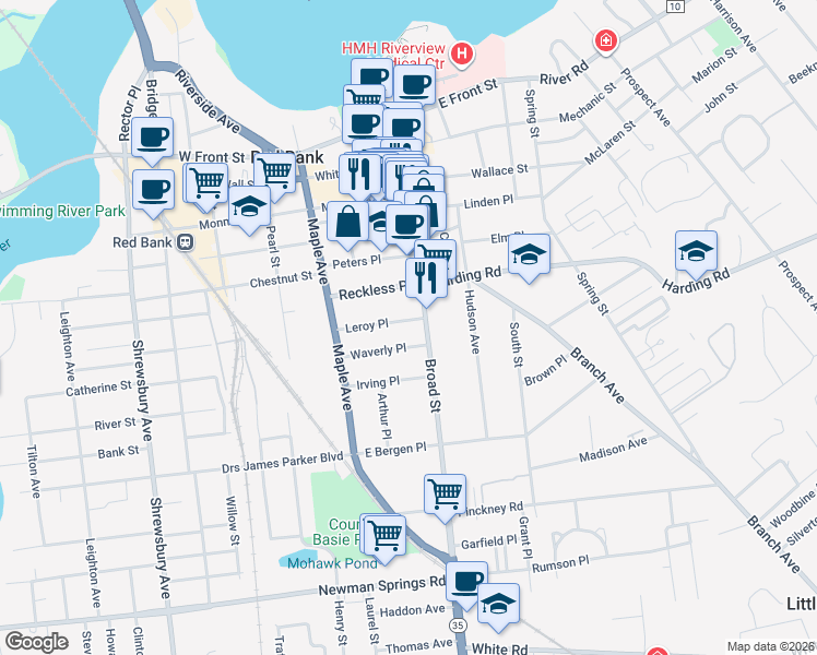 map of restaurants, bars, coffee shops, grocery stores, and more near 20 Waverly Place in Red Bank