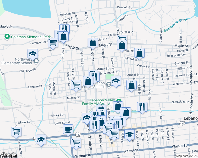 map of restaurants, bars, coffee shops, grocery stores, and more near 830 Lehman Street in Lebanon